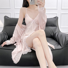 睡衣女夏季性感冰丝绸蕾丝带胸垫高级感吊带睡裙睡袍两件套春秋款