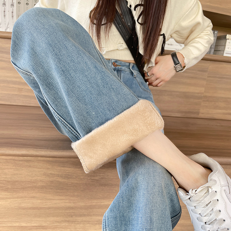 窄版加绒阔腿牛仔裤女高腰宽松