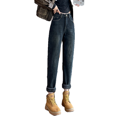 加绒哈伦牛仔裤女冬季新款高腰