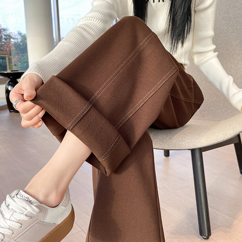 咖啡色毛呢阔腿裤女高腰宽松休闲