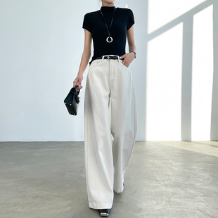 高腰宽松显瘦垂感拼接直筒弯刀裤 新款 女2025年春季 白色阔腿牛仔裤