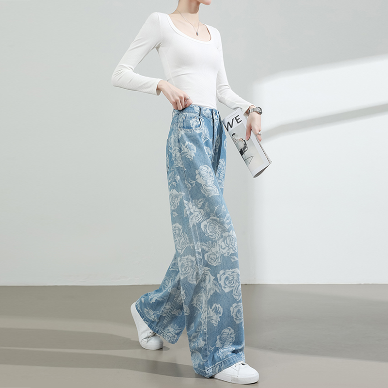 莱赛尔天丝印花阔腿牛仔裤女夏季