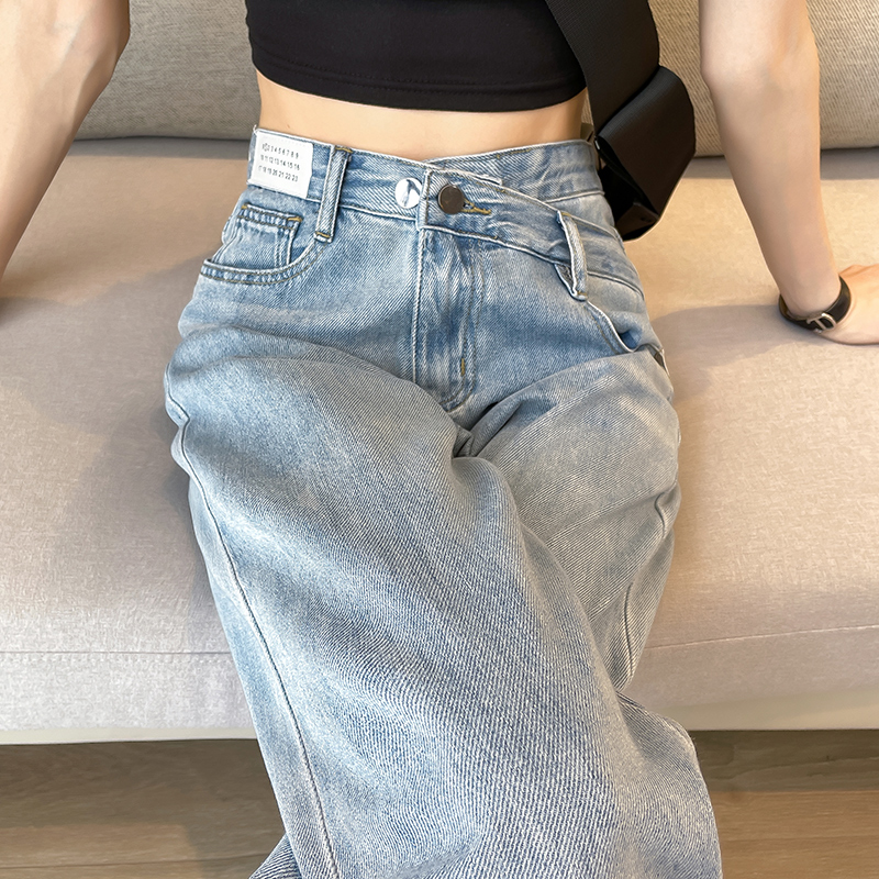 浅色阔腿牛仔裤女2024年夏季新款高腰宽松显瘦设计感窄版直筒长裤-封面