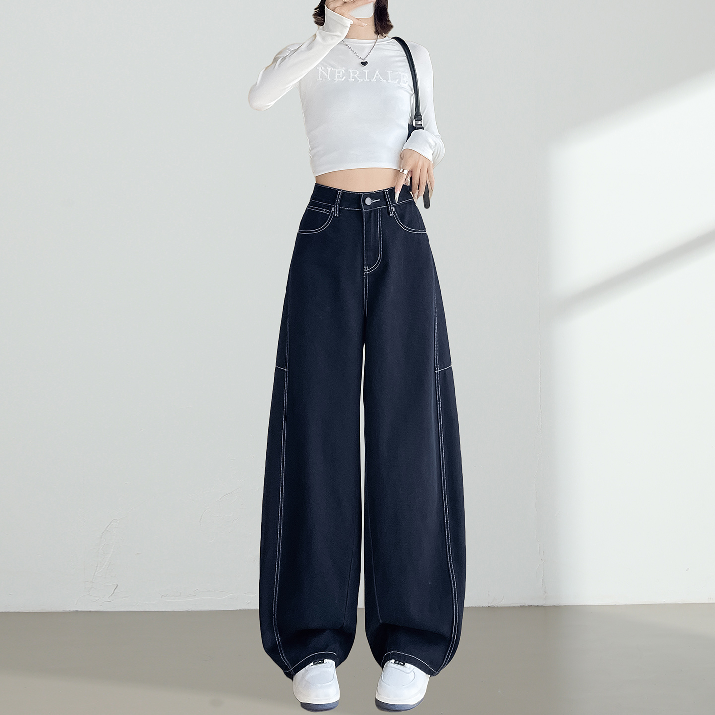 藏蓝色阔腿牛仔裤女2025秋冬新款