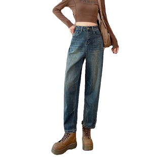 蓝色加绒哈伦牛仔裤女秋季新款小个子高腰遮胯显瘦复古九分老爹裤