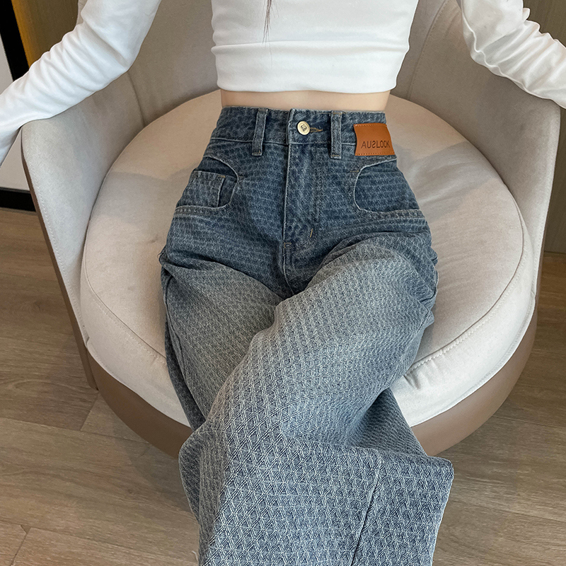 华夫格高腰阔腿牛仔裤女秋季新款
