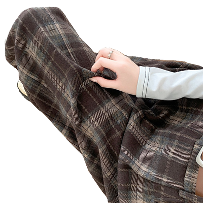 加绒格子毛呢阔腿裤女秋冬高腰