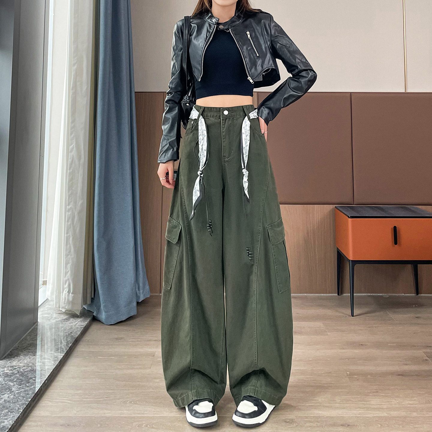 浅草绿加绒休闲工装裤女秋冬新款