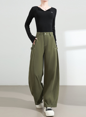 绿色弯刀工装裤女2025春秋新款高腰宽松显瘦美式设计感阔腿镰刀裤