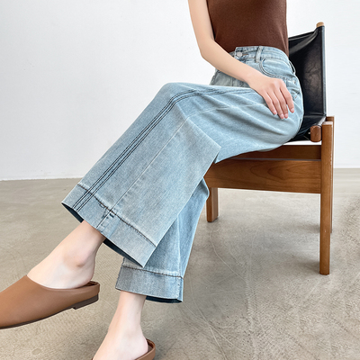浅蓝色窄版阔腿牛仔裤女高腰夏季