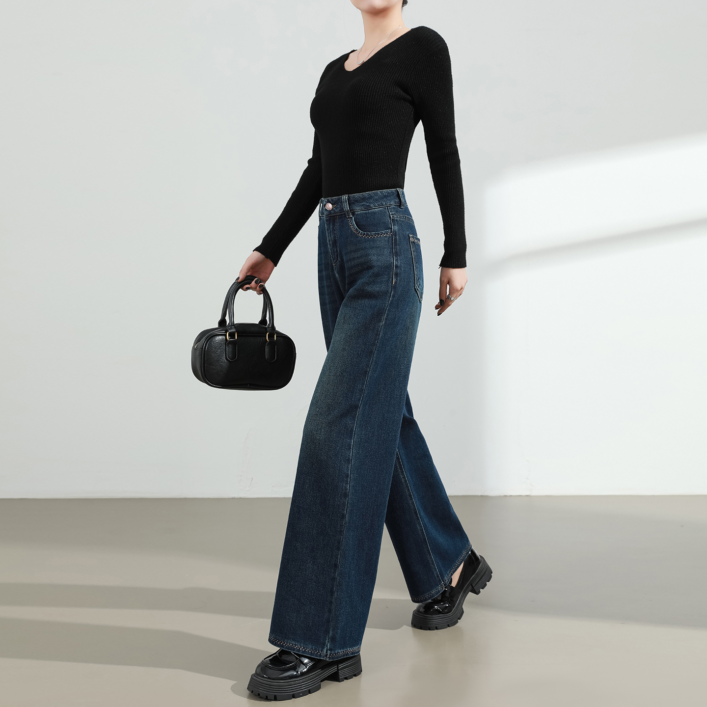 蓝色窄版牛仔阔腿裤女高腰显瘦