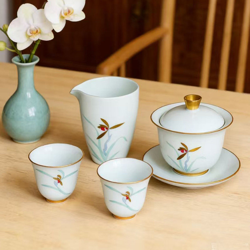 日本全手工釉上彩手绘兰花花卉茶杯套装金边茶具茶杯描金真金盖碗