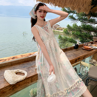 C177-D72-P135-K198夏季碎花裙叠穿两件套油画感印花吊带裙罩