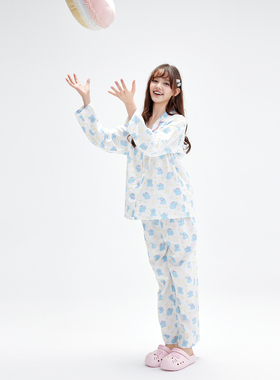 萌趣小象 baby蓝色贝壳包边美美的睡衣长袖纯棉纱布女大码家居服