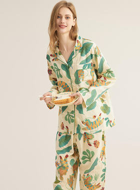 双层棉纱丛林老虎睡衣女春秋纯棉居家服可外穿出门套装长袖家居服