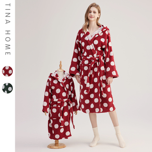 有趣原点2026年新款酒店风宽松长绒棉吸水连帽波点亲子情侣浴袍