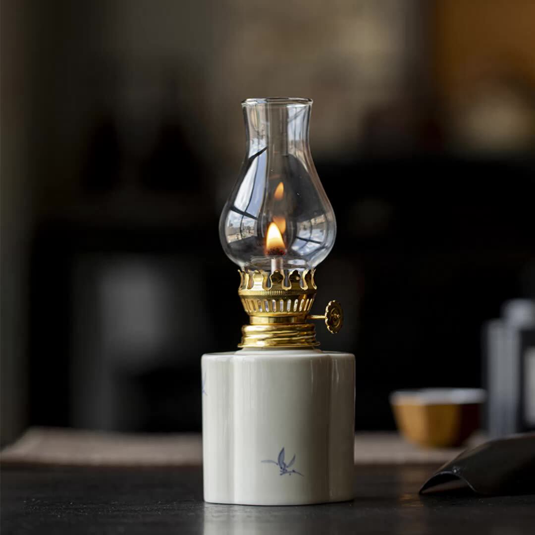 复古煤油灯手绘陶瓷老式酥油灯茶道配件茶空间氛围蜡烛灯照明