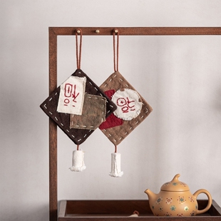 手缝福字茶杯垫拼色棉布流苏挂件茶桌防烫杯托茶具配件