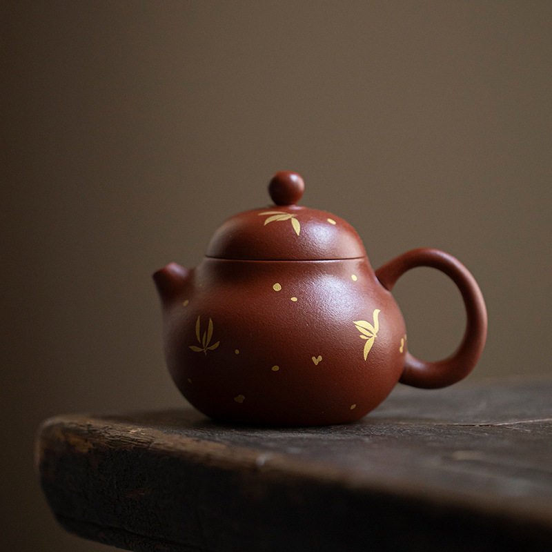 原矿朱泥文旦壶功夫茶具秋水兰花烫金球孔过滤家用紫砂壶茶壶