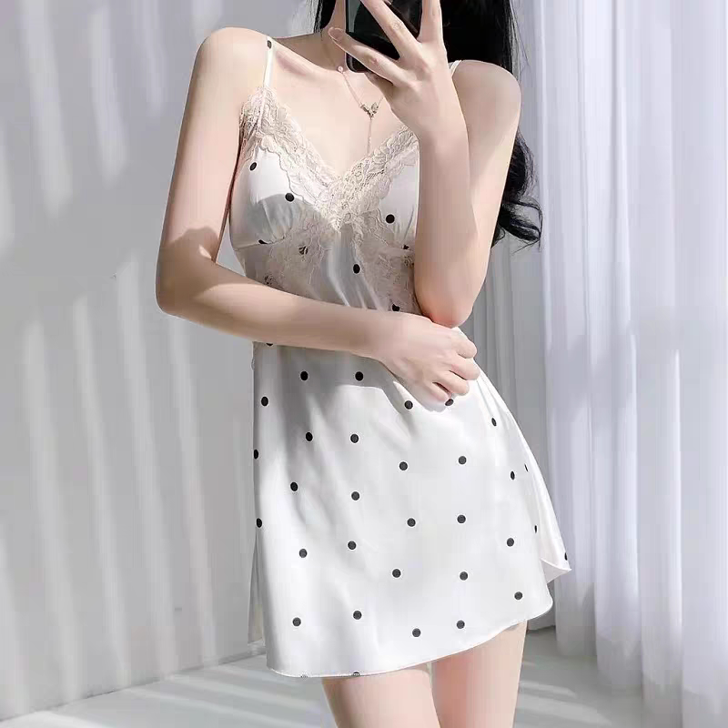 丝绸睡衣女夏蕾丝性感涤纶带胸垫吊带两件套装睡裙春秋睡袍家居服