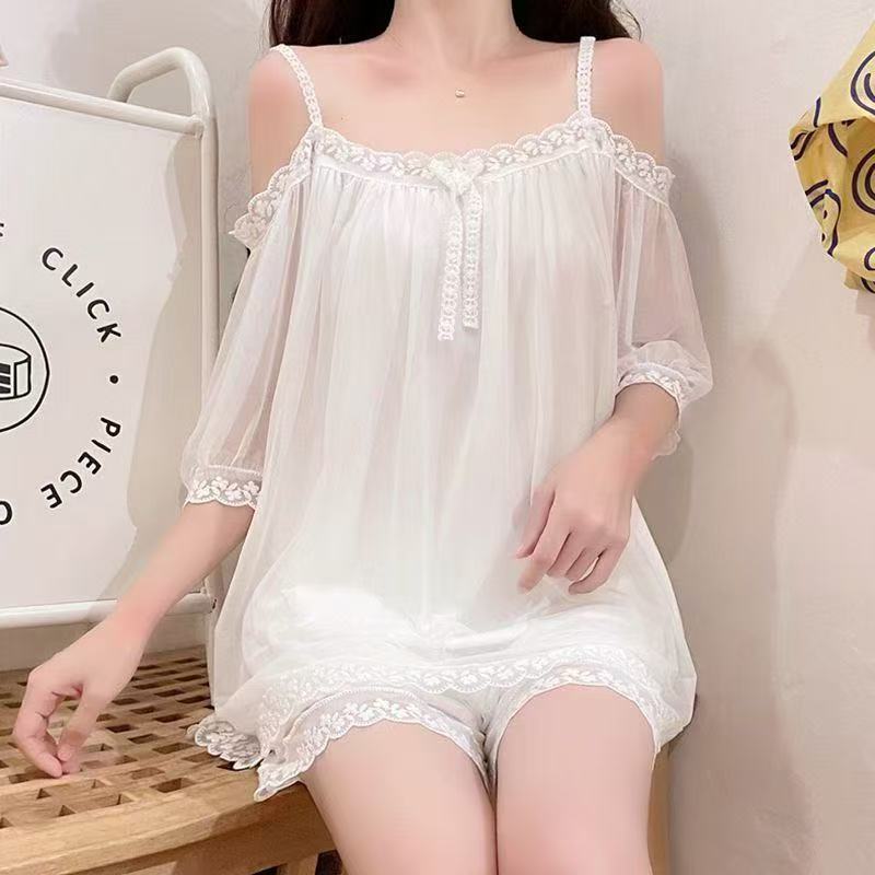 一字肩网纱睡衣套装夏季家居服薄睡裙