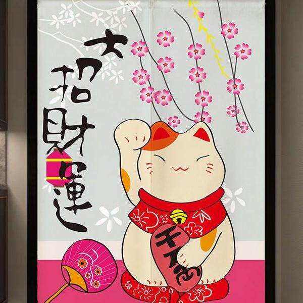 布艺中式门帘卧室客厅半帘厨房布帘中国风家用挂帘免打孔蓝猫挂画
