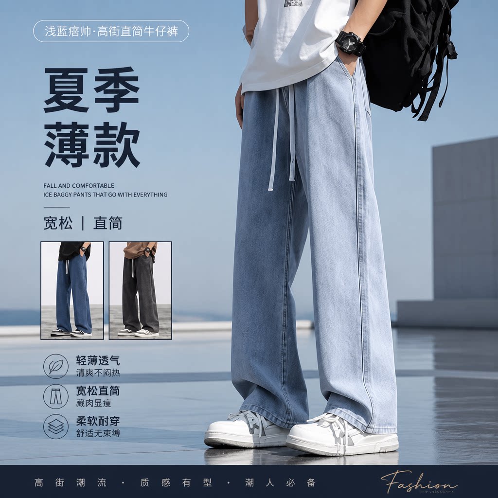 浅蓝痞帅高街直筒宽松男士牛仔裤