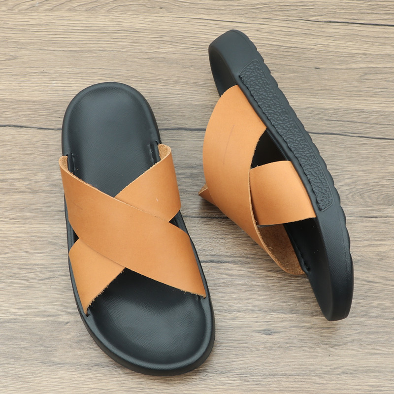 头层牛皮一字拖鞋男休闲真皮宽松百搭舒适软皮轻便夏季户外凉拖鞋