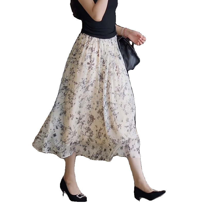 白色真丝半身裙印花高腰显瘦大摆长裙a字裙2025新款女夏法式百搭