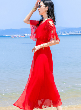 真丝桑蚕丝红色连衣裙巴厘岛度假沙滩裙夏季新款仙女修身白色长裙
