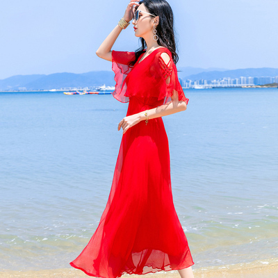 真丝桑蚕丝红色连衣裙巴厘岛度假沙滩裙春夏新款仙女修身白色长裙
