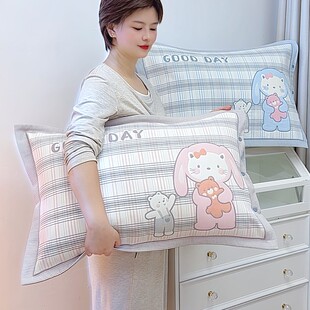 通用不脱落枕芯套 74四季 卡通全棉48 高密按扣纯棉纱布枕套一对装