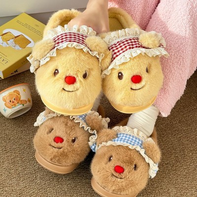 卡通立体小熊冬天加绒防滑家用毛毛拖鞋室内防滑保暖拖鞋女