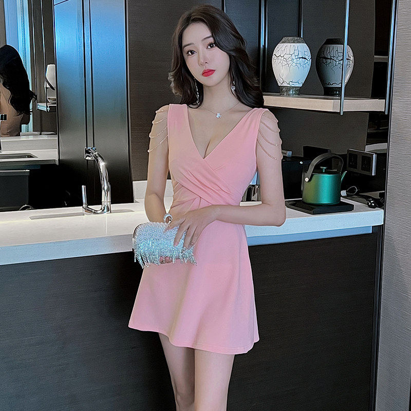 夜总店V领a字裙低胸露背夜场上班衣服小个子收腰显瘦连衣裙性感女