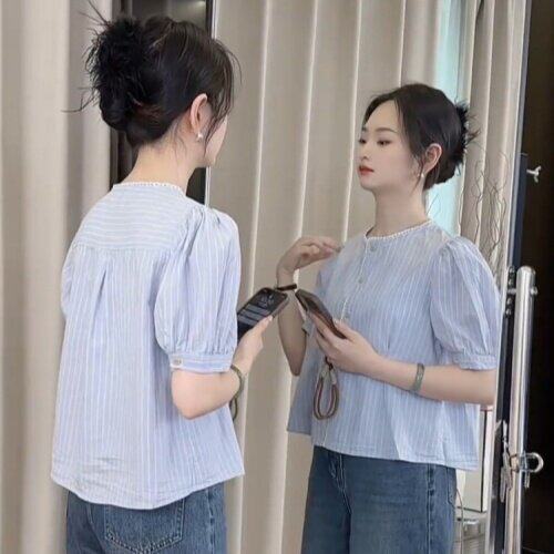 条纹圆领泡泡袖衬衫女2025夏季新款设计感小个子漂亮小衫短袖上衣