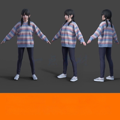 maya 3Dmax休闲服装小女孩中学生时尚毛衣长裤小妹妹写实女孩模型