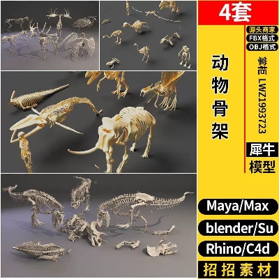 blender动物骨架C4D/Rhino犀牛SU/MAYA/3dmax模型FBX OBJ格式素材