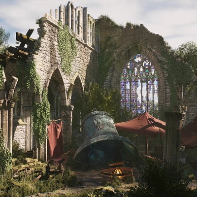 UE5.2荒废弃森林教堂修道院铜钟遗迹Bandit Abbey Environment
