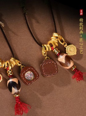 新中式吊坠绳手工编织包浆虎牙天珠配五路财神唐卡挂坠绳复古