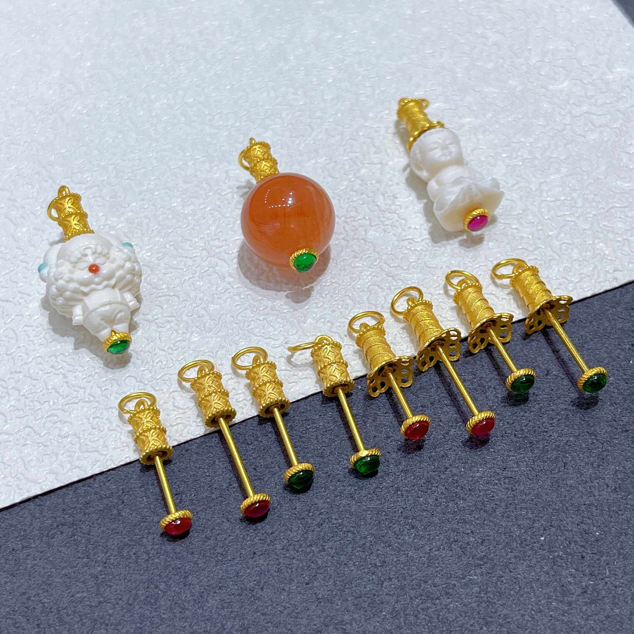 925古法银镀金配件万能针式扣头穿珠神器DIY单珠天珠配饰空托吊坠