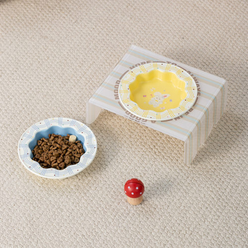 创意钢琴兔系列护边碗带亚克力架陶瓷宠物碗防打翻猫碗狗碗花边碗