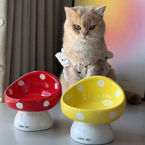 蘑菇猫碗陶瓷猫食盆增高架保护颈椎防黑下巴不易打翻高脚宠物粮碗