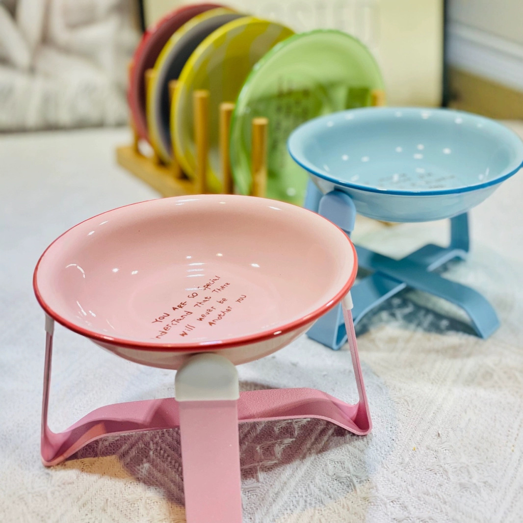 飞碟碗带矮款铁架陶瓷防打翻喝水碗防噎缓食碗猫碗狗碗宠物高颜值