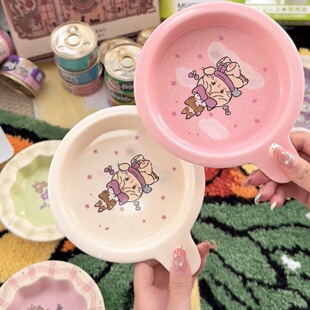 hg童趣年糕宠物陶瓷碗单耳碗家用狗猫咪粮碗可爱釉下彩卡通平底碗