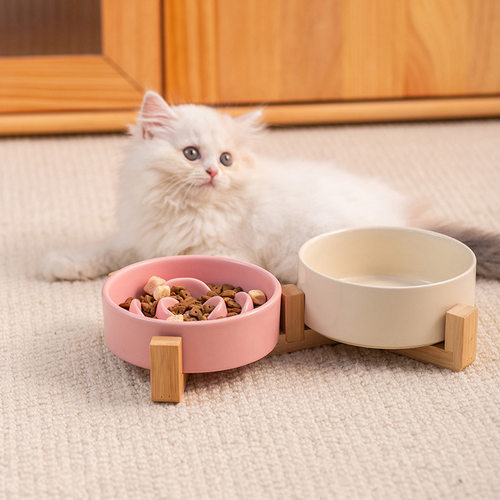 创意简约风纯色宠物碗带碗架防打翻猫碗狗碗防噎慢食碗猫咪水碗