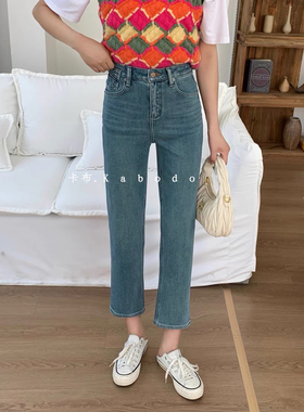 Kabodo83180卡巴布高腰蓝色烟管牛仔裤女高腰百搭九分显瘦直筒裤