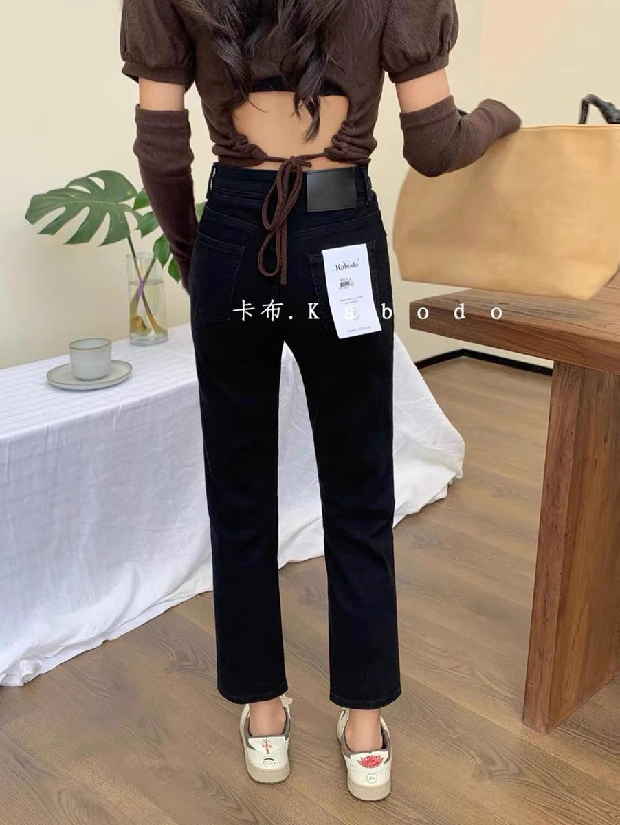 黑色新款Kabodo71372巴布牛仔裤女高腰百搭显瘦直筒烟管裤