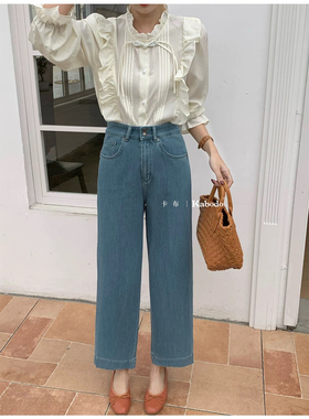 巴布牛仔裤女Kabodo83483-1夏季款弹力阔腿裤高腰显瘦九分奶奶裤