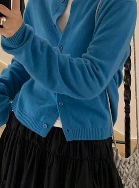 实拍！韩系春秋新款百搭全羊毛圆领薄款绒感针织开衫毛衣女02192