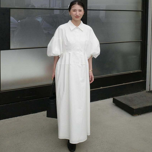 实拍!日系春夏高定松本阔型束腰感翻领灯笼袖连衣裙休闲显瘦长裙